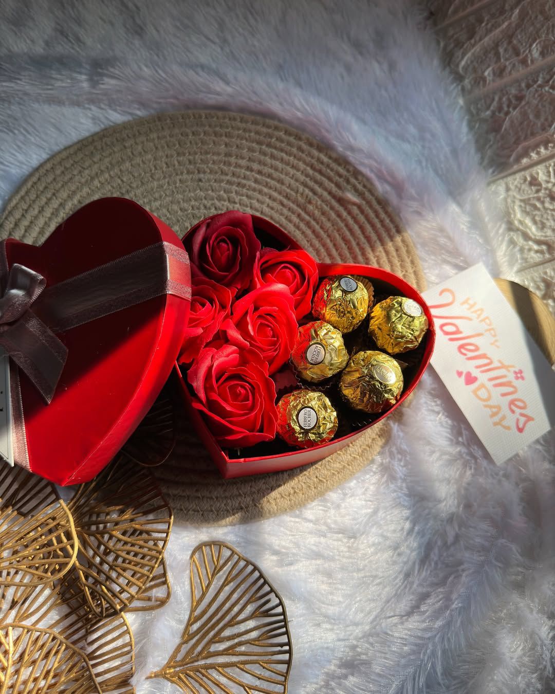 The Divided Heart Hamper - Red Roses & Ferrero Rocher in a Heart Box